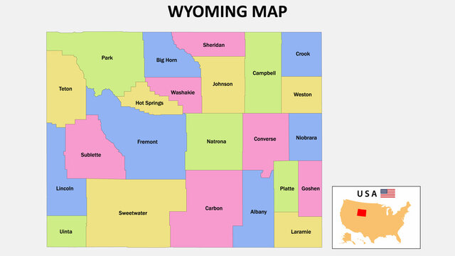 Wyoming Map. District map of Wyoming in District map of Wyoming in color with capital.