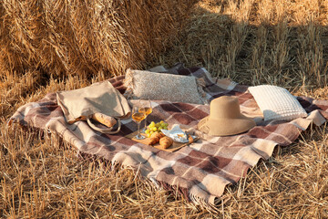 Festive picnic on wheat field near haystack