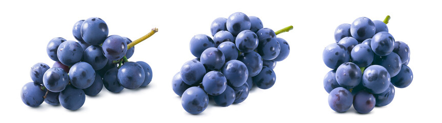 Small bunches of blue grapes without leaves set isolated on white background - obrazy, fototapety, plakaty