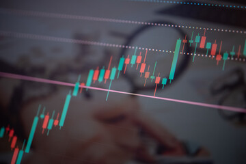 Candlestick chart in financial stock market on digital number background. Forex trading graphic design and Stock market trading trend as concept.