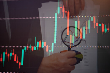Candlestick chart in financial stock market on digital number background. Forex trading graphic design and Stock market trading trend as concept.