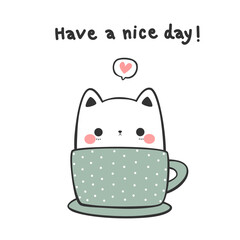 cute kitty cat in coffee cup cartoon doodle vector illustration