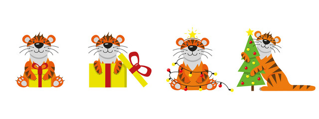 Set of cute cartoon tiger. Flat poster for prints, kids cards, posters, greeting card