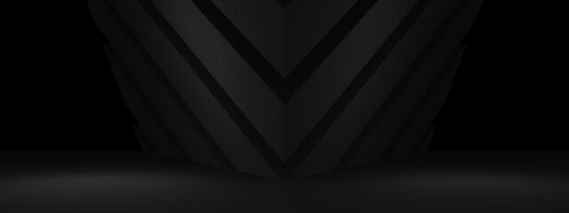 3D black geometric room mockup. Dark background.