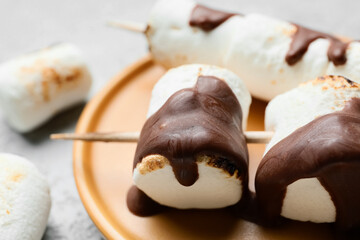 Skewers with tasty grilled marshmallows in chocolate on light background