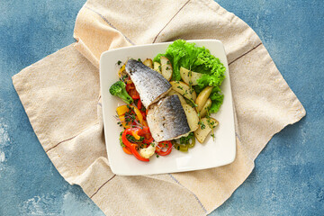 Plate of tasty sea bass fish with vegetables on blue background