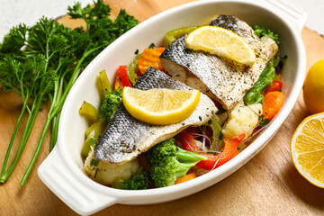 baking dish of tasty sea bass fish with vegetables on table