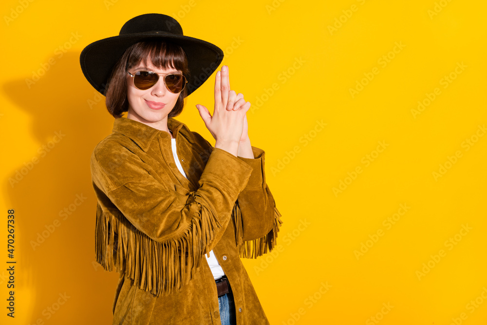 Canvas Prints Profile side view portrait of attractive cheery girl showing gun sign symbol copy space isolated over bright yellow color background