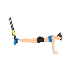 Fototapeta na wymiar Woman doing TRX. Suspension planks exercise. Flat vector illustration isolated on white background. Total Body Resistance Exercise Suspension