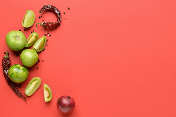 Ingredients for preparing canned tomatoes on color background