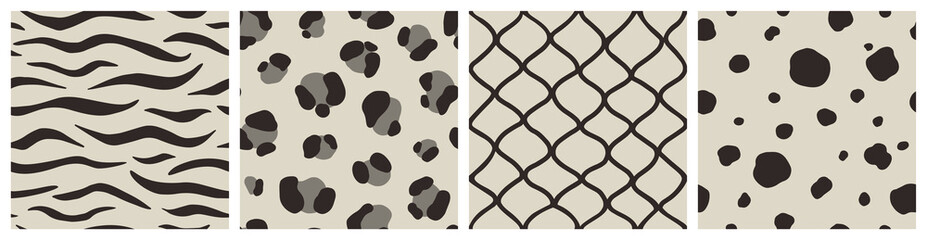 Set of Animal Skin Seamless Patterns: Zebra, Leopard, Snake, Сheetah print. Hand Drawn vector illustration in Boho Style. Modern trend design background in Black and White tone. © AutumnStudio