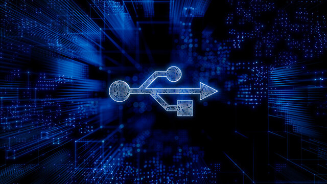 Interface Technology Concept with usb symbol against a Futuristic, Blue Digital Grid background. Network Tech Wallpaper. 3D Render 