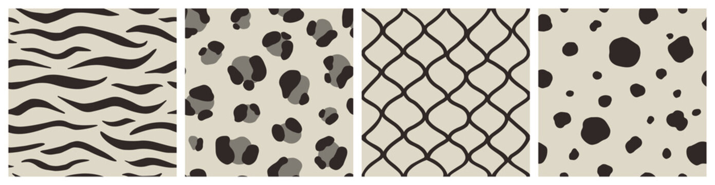 Set of Animal Skin Seamless Patterns: Zebra, Leopard, Snake, Сheetah print. Hand Drawn vector illustration in Boho Style. Modern trend design background in Black and White tone.