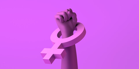 Clenched fist as a symbol of feminist struggle with female symbol. International Day for the Elimination of Violence against Women. November 25. Feminism. 3d illustration.