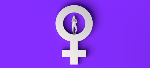 Banner with female symbol and woman inside. International Day for the Elimination of Violence against Women. November 25. Feminism. 3d illustration. Women's Day, March 8.