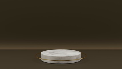 3D rendered minimal empty showcase. A white marble circle podium pedestal with a golden ring in front of a dark brown background.