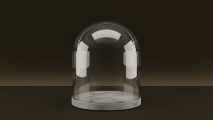 3D rendered minimal empty showcase. A white marble circle podium pedestal with glass cover in front of a dark brown background.