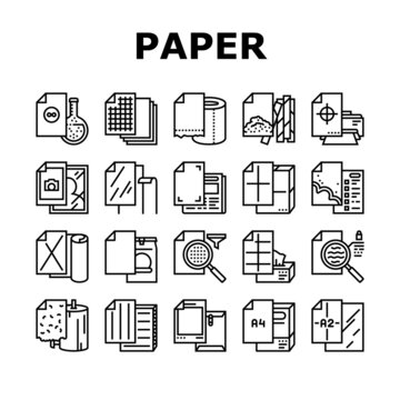 Paper List For Printing Poster Icons Set Vector. Filter And Tissue Paper, Photographic And With Watermarked, For Wrapping Tobacco And Make Cigarette, A2 And A4 Format Sheet Black Contour Illustrations