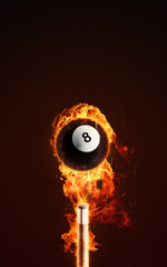 Billiard cue hitting a ball on fire