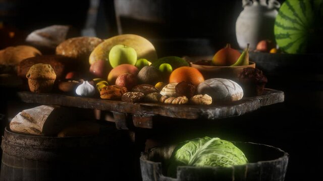 food table with wine barrels and some fruits, vegetables and bread