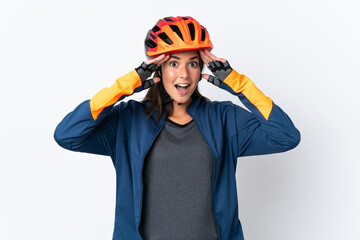 Young cyclist brazilian girl isolated on white  background with surprise expression - obrazy, fototapety, plakaty