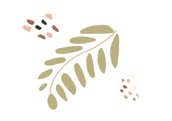 Vector abstract minimalistic  twig with leaves drawn in a hand-drawn style. Plant in trending pastel natural colors isolated on white background. Element cards, wedding invitations, presentation