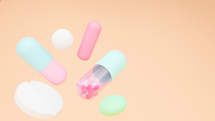 Pills and capsules on a peach background. 3D conceptual medical wallpaper with a copy space