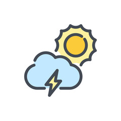 Sun and cloud with lightning color line icon. Weather and Climate vector outline colorful sign.
