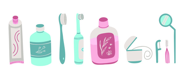 Oral hygiene set, dental care symbols: tooth brush, tooth paste, dental floss. Vector Illustration for backgrounds, covers, posters, stickers, textile, seasonal design. Isolated on white background.