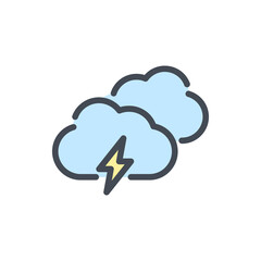 Two clouds with lightning color line icon. Weather and Climate vector outline colorful sign.