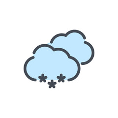 Two clouds with snow color line icon. Weather and Climate vector outline colorful sign.