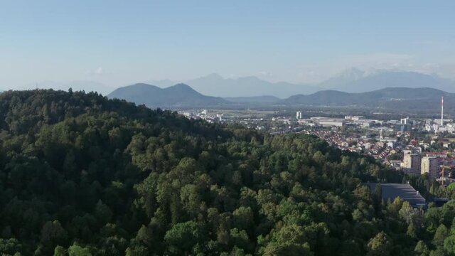 Aerial view Ljubljana Slovenia. The capital of the European country is a cityscape overlooking the mountains and forests.