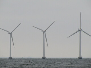 Three Offshore Wind Turbines near Copenhagen, Denmark