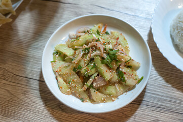 Top view of Hogay Salad ( Cucumber and chili cheese salad )  The Bhutanese salad  at Ong-Ang walking street in Bangkok Thailand
