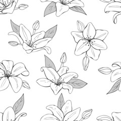 seamless monochrome pattern from hand drawn lilies. Floral endless texture. Vector illustration. Line art.