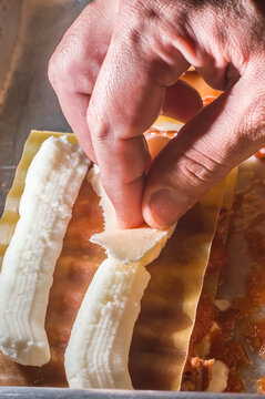 lasagna being prepared with pulled pork, pulled pork, selective goco