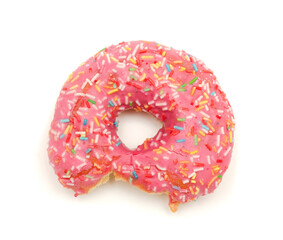 the bitten pink donut isolated on white background