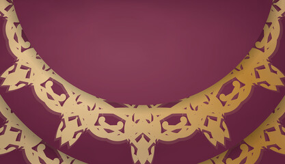 Burgundy background with abstract gold ornaments and space for your logo