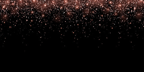 Wide rose gold glitter holiday confetti with glow lights on black background. Vector