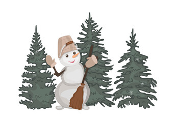 christmas card vector. snowman vector. snowman waving his hand vector. snowman with broom. vector illustration. eps