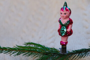 Vintage Christmas tree toy decorations in the Soviet Union. Strawberry girl doll.