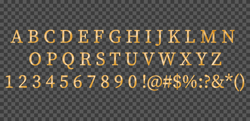 Print Golden font numbers and letters alphabet typography. Vector gold font type with 3d metal gold effect Golden font numbers and letters alphabet typography. 