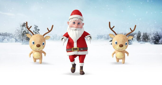 Santa And His Reindeers Having Fun And Dancing On A Snowy Day. Christmas, Noel And New Year Related 3D Animation.