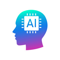 Human head tech icon, AI chip technological brain, Artificial intelligence, Simple flat design symbol, Isolated on white background, Vector illustration