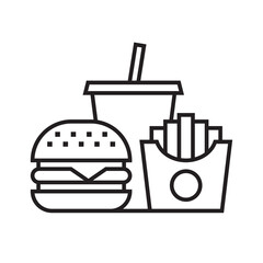 Hamburger, Soft drink cup and French Fries, Fast food icon sign, Outline flat design on white background, Vector illustration