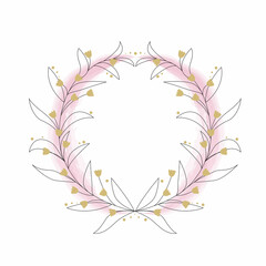 Floral wreath for the holiday. Design for a postcard or invitation letter. Decorative elements for logo design. Linear art. White background. Line art