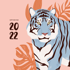 Chinese New Year. Tigers modern greeting card. Symbol of 2022