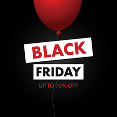 Fototapeta premium Black Friday sale typographic design. Red color letters with red balloon. Black background. Vector illustration.