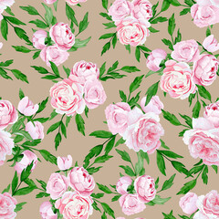 Seamless pattern. Watercolour hand drawn bouquet of peonies, beige background.