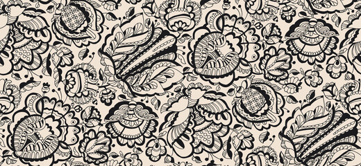 Stylized folk-style lush flowers seamless pattern